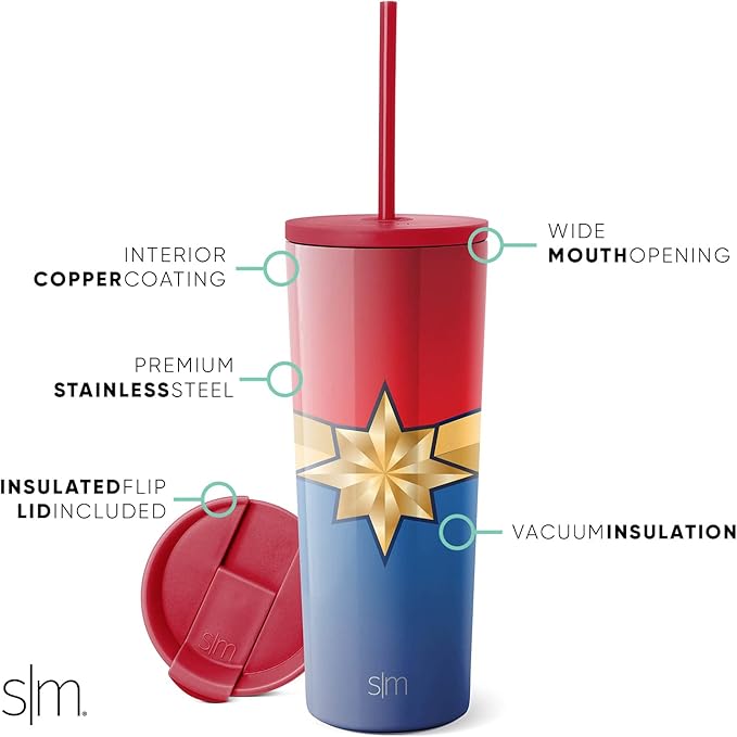 Simple Modern Captain Marvel Insulated Tumbler Cup with Flip Lid and Straw Lid | Gifts for Women Men Reusable Stainless Steel Water Bottle Travel Mug | Classic Collection | 24oz